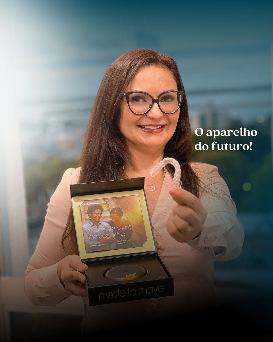 Arte com a Dra. Vivian segurando um alinhador transparente e a embalagem do tratamento, com o texto “O aparelho do futuro!”
